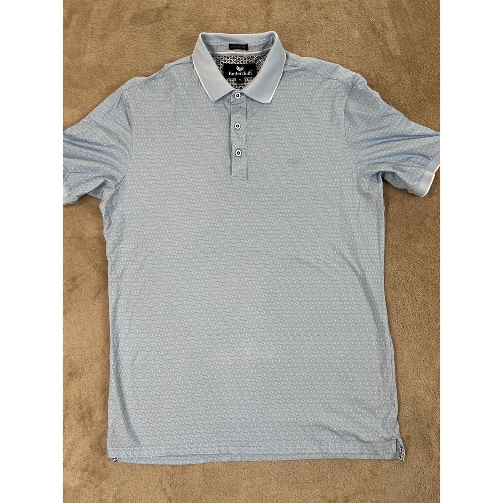 Buttercloth Icy Cotton Polo Shirt Men Size Medium Light Blue Geometric AOP
